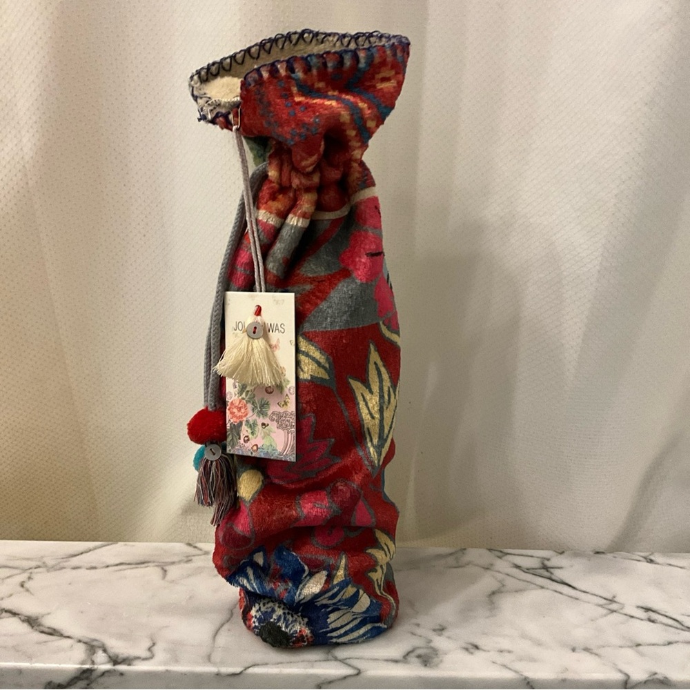 NWT$30 Johnny Was Syriah Wine Tote Gift Bag Drawstring Pom Poms Velour One Size